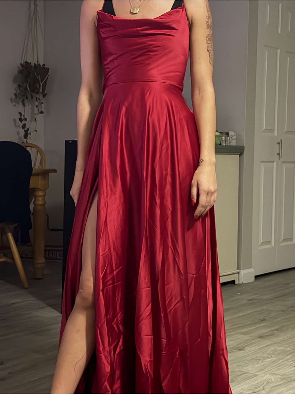 Elegant Red Satin Evening Dress with High Slit